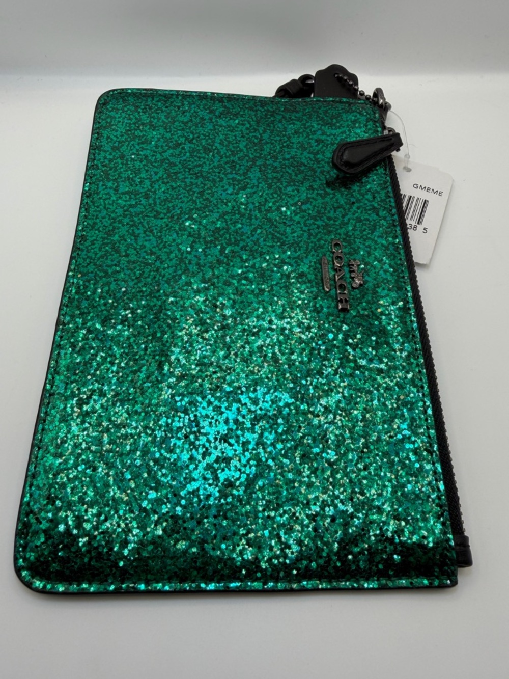 Coach Large Wristlet Emerald Green Glitter Zip Pouch NWT 77964B Statement Piece - Picture 6 of 11